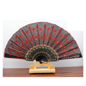 embroidery sequins folding fan hand fan dance hand fan home decoration embroidery fan (argento,41cm)