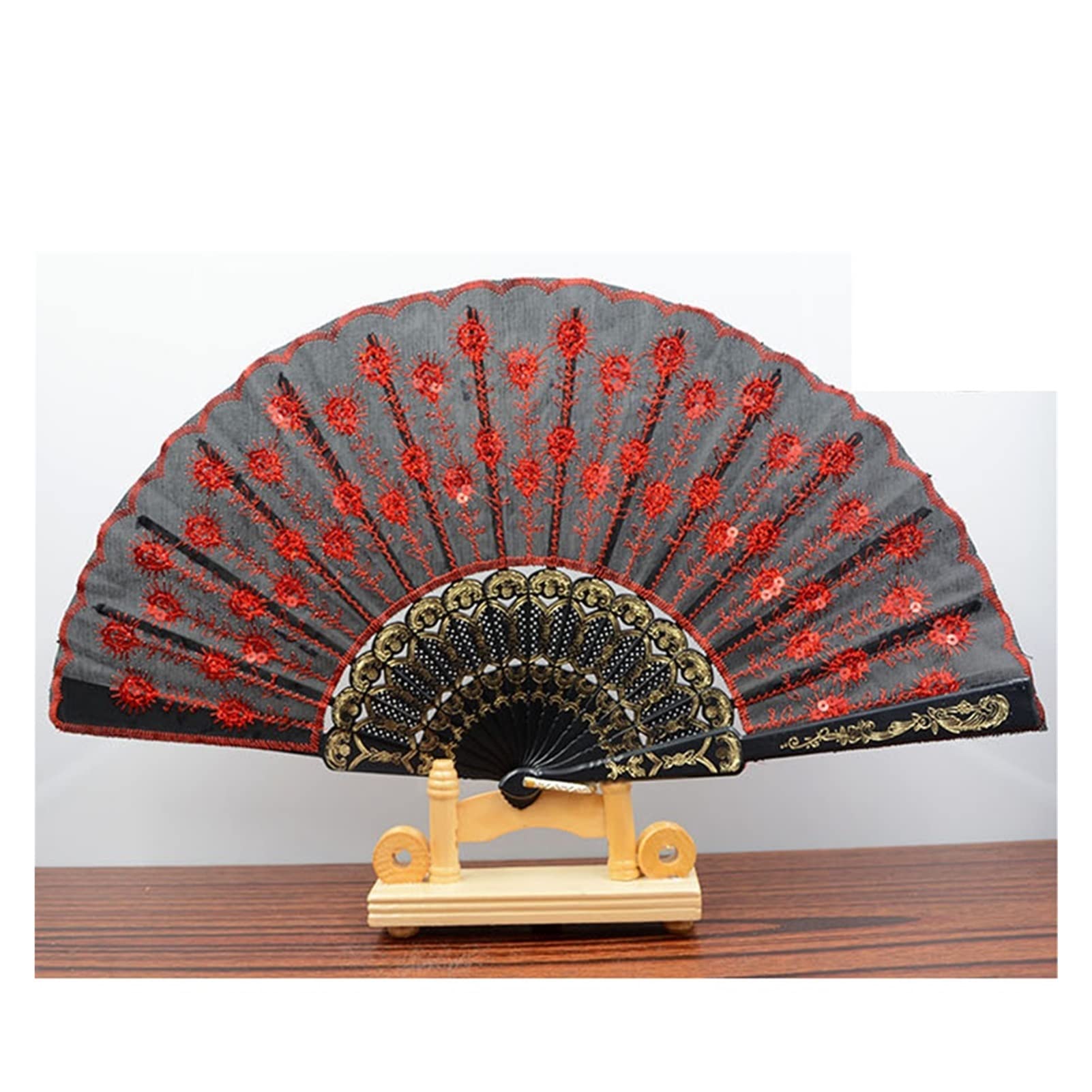 Embroidery Sequins Folding Fan Hand Fan Dance Hand Fan Home Decoration Embroidery Fan (Argento,41cm)