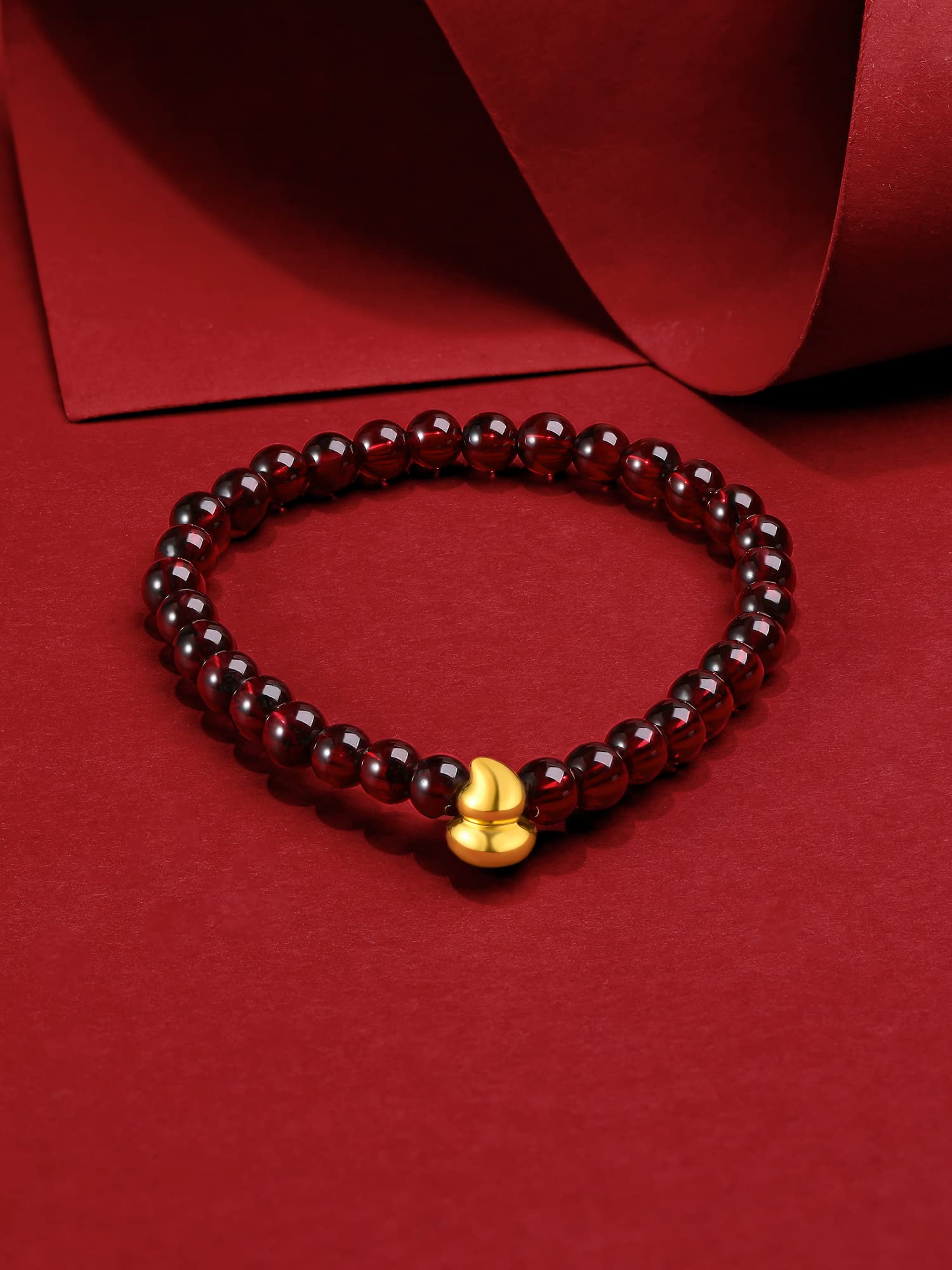 ZHOU LIU FU 24K Solid Gold Bracelet for Women, Real Pure Gold Jewelry Gourd Garnet Beaded Bracelet for Men Girlfriend