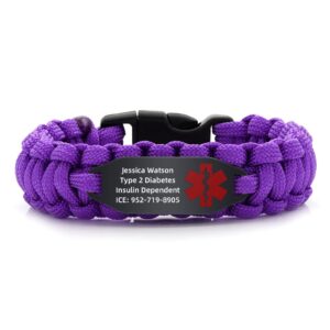 maxzool medical alert bracelets for men women | personalized purple paracord medical alert id bracelet with free engraving | stainless steel black tag medical bracelet 9.0 inches