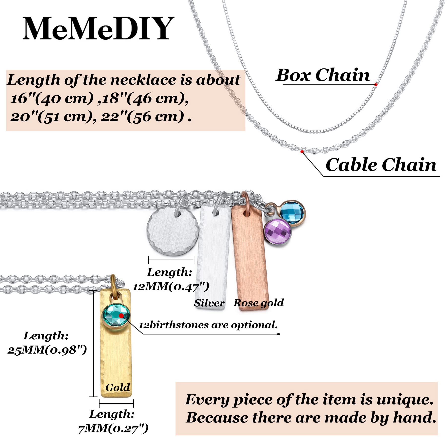 MeMeDIY Personalized Names Bar Necklace 925 Sterling Silver Custom Text Pendant For Mom/Granddaughter/Women Handmade Hammered Edge Jewelry with Birthstone Charms Mothers Day Gift(E2:2Tag+Round tag)