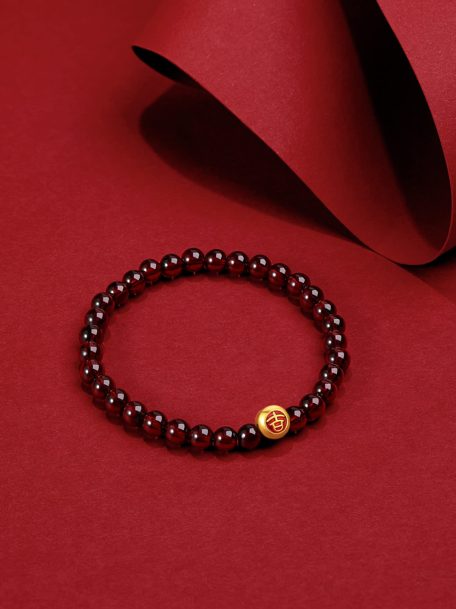 ZHOU LIU FU 24K Solid Gold Bracelet for Women, Real Pure Gold Jewelry Gourd Garnet Beaded Bracelet for Men Girlfriend