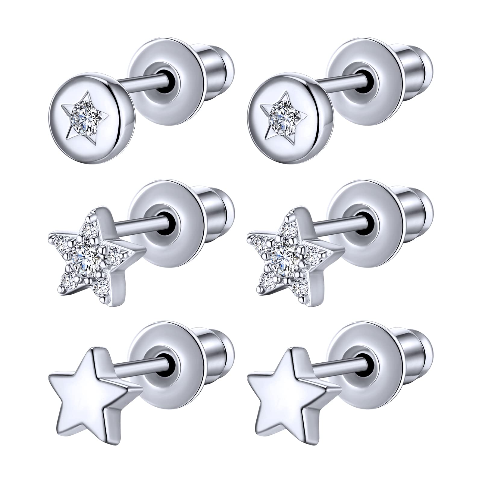 3 Pairs Star Stud Earrings for Women and Men，14K Gold Plated Dainty Tiny Hypoallergenic Cartilage Cubic Zirconia Earrings Set (White Gold)