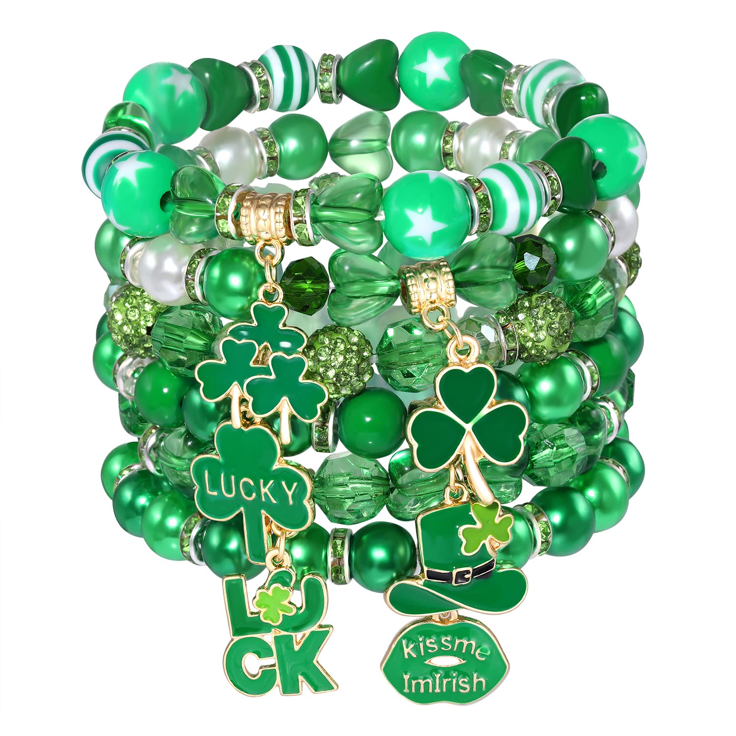 BVGA St. Patrick's Day Beaded Bracelets Set for Women Holiday Shamrock Clover Green Leaf Lucky Charm Stretch Bracelets Jewelry Set for Party Parade 6 Pieces