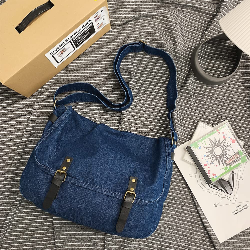 Canvas Messenger Bag Denim Shoulder Bag Hobo Tote Bag Casual Retro Crossbody Bag Large Capacity for Women and Men