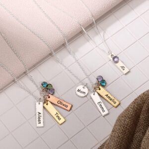 MeMeDIY Personalized Names Bar Necklace 925 Sterling Silver Custom Text Pendant For Mom/Granddaughter/Women Handmade Hammered Edge Jewelry with Birthstone Charms Mothers Day Gift(E2:2Tag+Round tag)