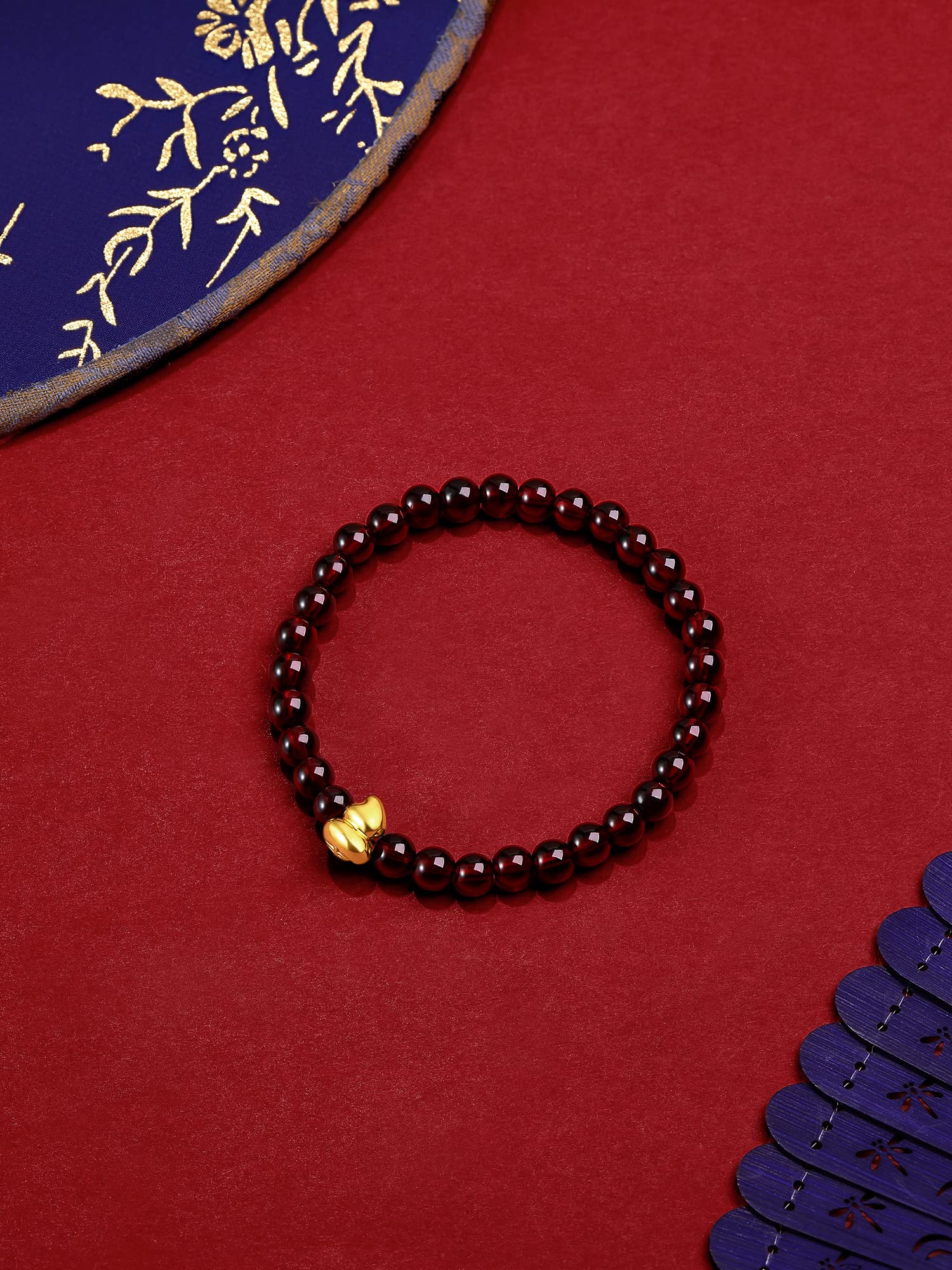 ZHOU LIU FU 24K Solid Gold Bracelet for Women, Real Pure Gold Jewelry Gourd Garnet Beaded Bracelet for Men Girlfriend