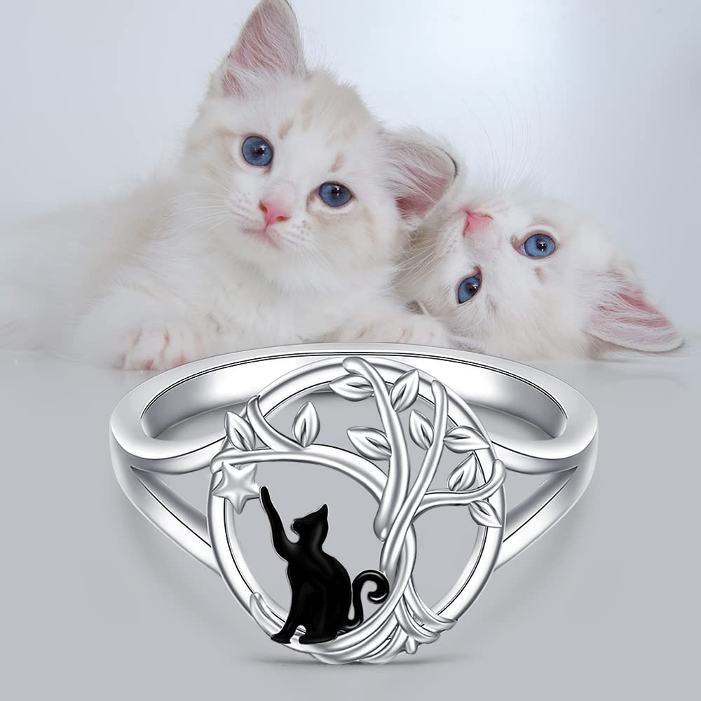 Cat Ring Black Cat Rings for Women Tree of Life 925 Sterling Silver Animal Birthday Gifts for Cats Owner Lovers Size 10