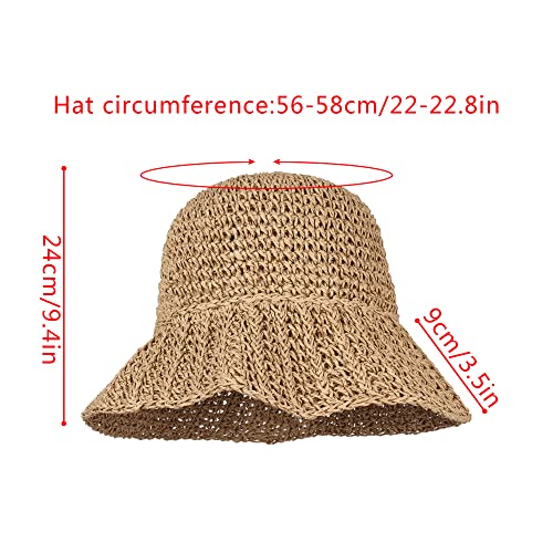 Minache Solid Color Crochet Straw Hat Foldable Wide Brim Outdoor Sun Visor Hat Bucket Hat for Women Girl, 07445 Khaki