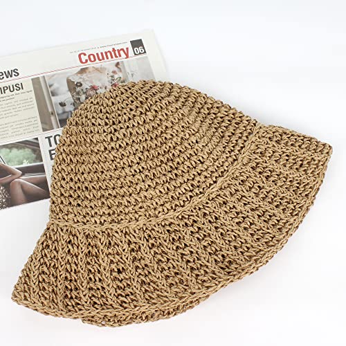 Minache Solid Color Crochet Straw Hat Foldable Wide Brim Outdoor Sun Visor Hat Bucket Hat for Women Girl, 07445 Khaki