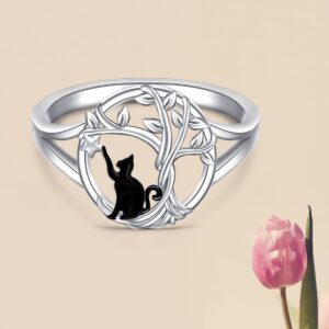 Cat Ring Black Cat Rings for Women Tree of Life 925 Sterling Silver Animal Birthday Gifts for Cats Owner Lovers Size 10