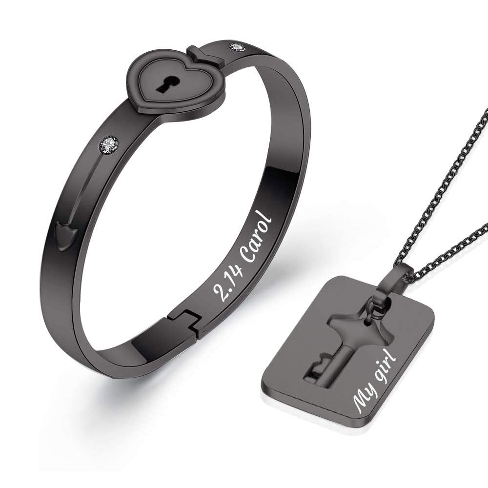 MYNENEY Personalized Lock Bracelet and Key Necklace Set Couples Jewelry - Inspirational Message Engraved His and Hers Stainless Steel Meaningful Chain Bracelet for Women Men (Black)