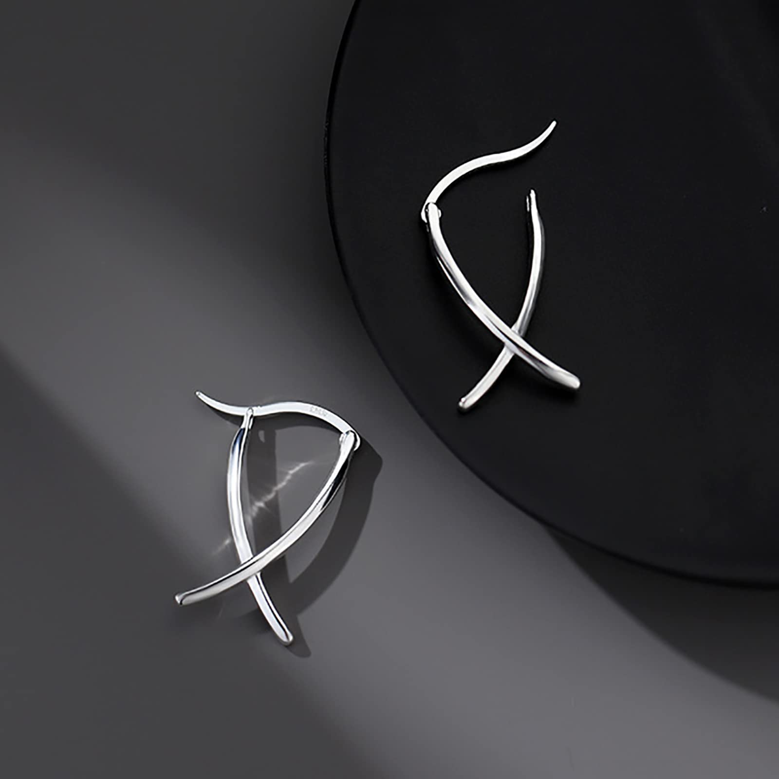 Simple Line Earrings, Women's Crossover Double Wire Earrings, Silver Cross Earrings, Geometric Stud Earrings Jewelry for Women