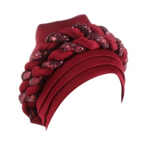 Womens Braid Pre Tied Turban Sequin Twist Stretchy Head Wraps Chemo Cancer Hair Wraps for Hair Loss (Wine, One Size)