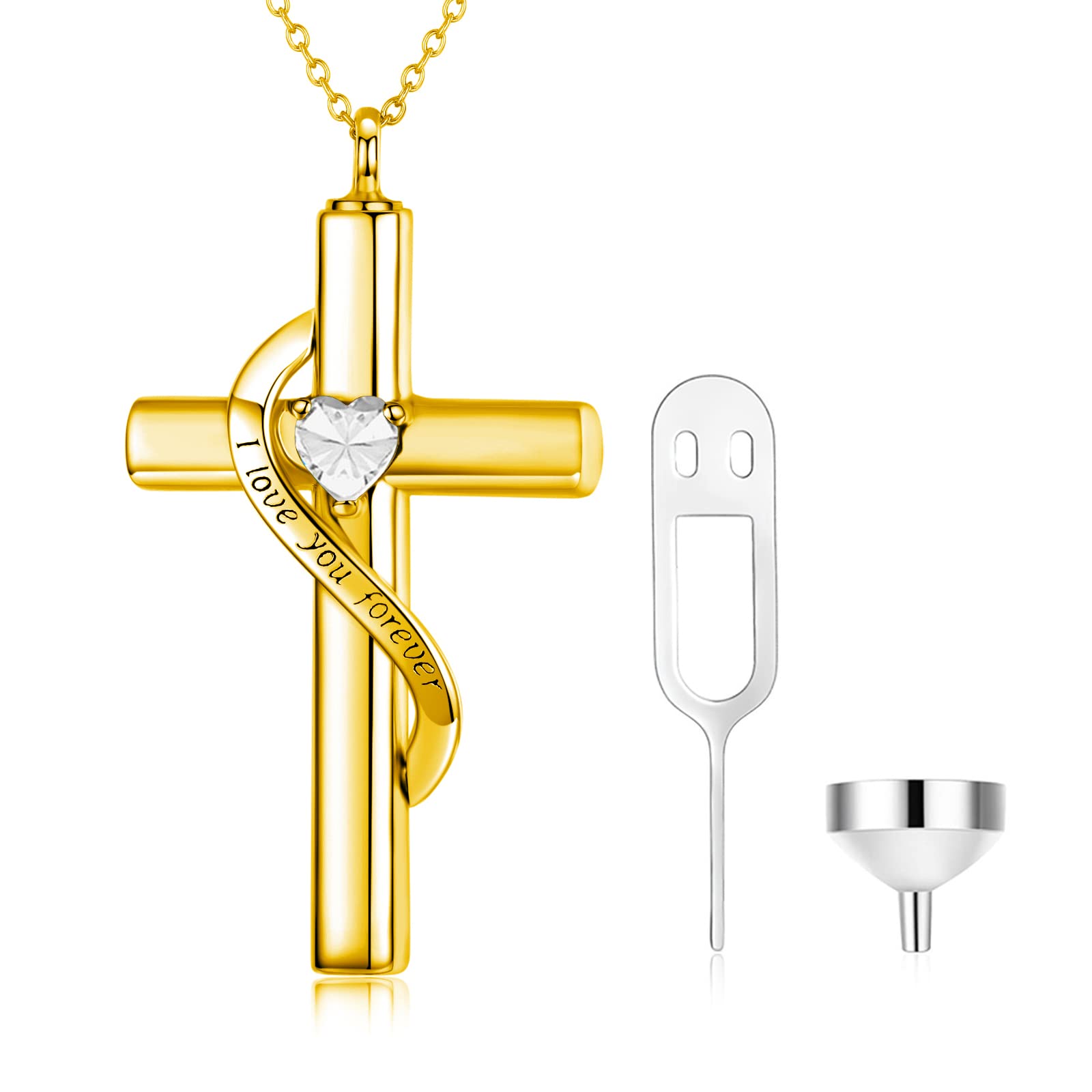 SOULMEET Crystal Cross Necklace for Ashes, Gold Plated Silver Birthstone April Cross Urn Necklace with 10K Gold Chain for Ashes Keepsake Cremation Jewelry for Pet Human Ashes