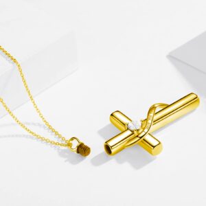 SOULMEET Crystal Cross Necklace for Ashes, Gold Plated Silver Birthstone April Cross Urn Necklace with 10K Gold Chain for Ashes Keepsake Cremation Jewelry for Pet Human Ashes