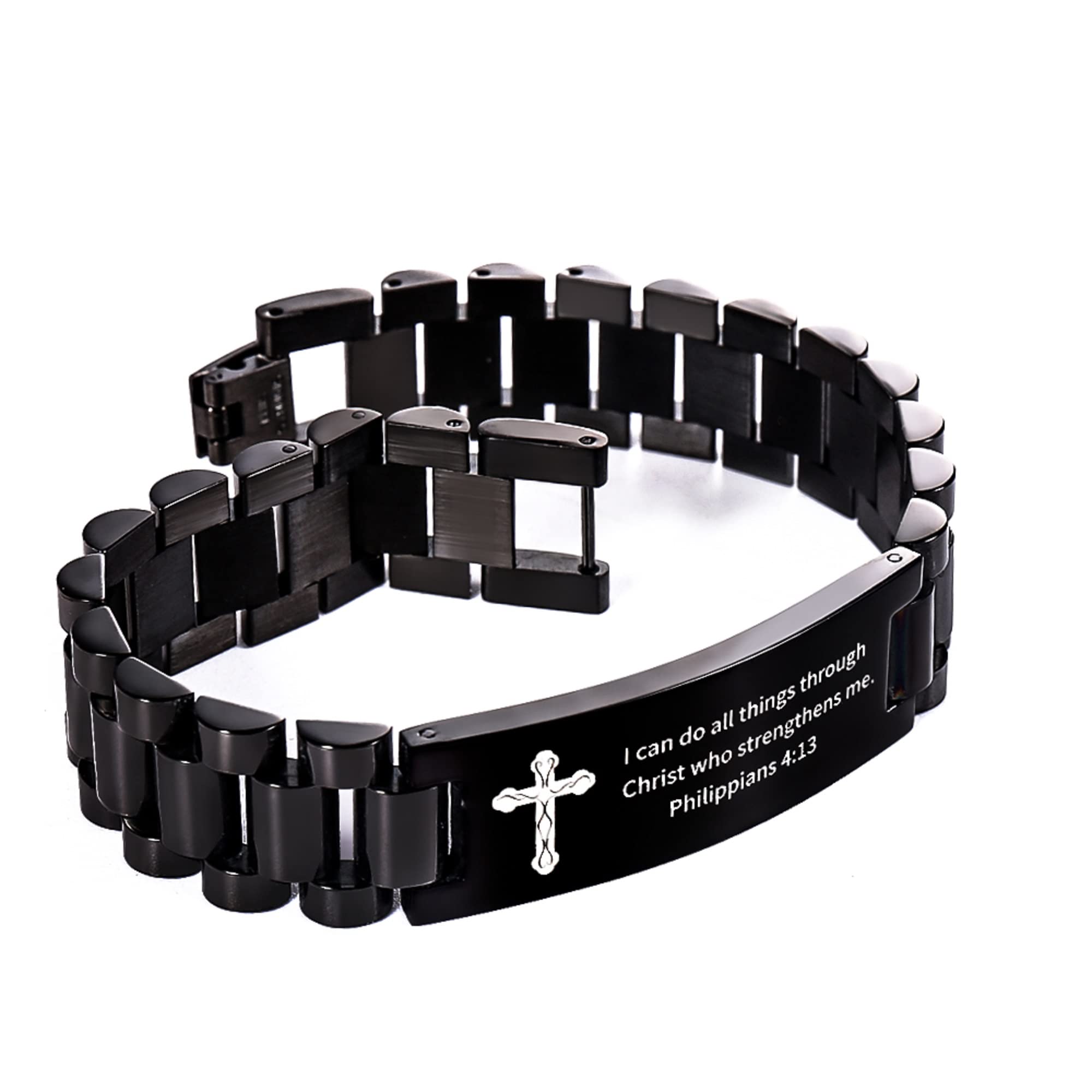 KRFITYA Religious Quote Faith Christian Bible Verse Bracelet Stainless Steel Jesus Cross Scripture Engraved Bracelet Inspirational Encouragement ID Wristband for Men