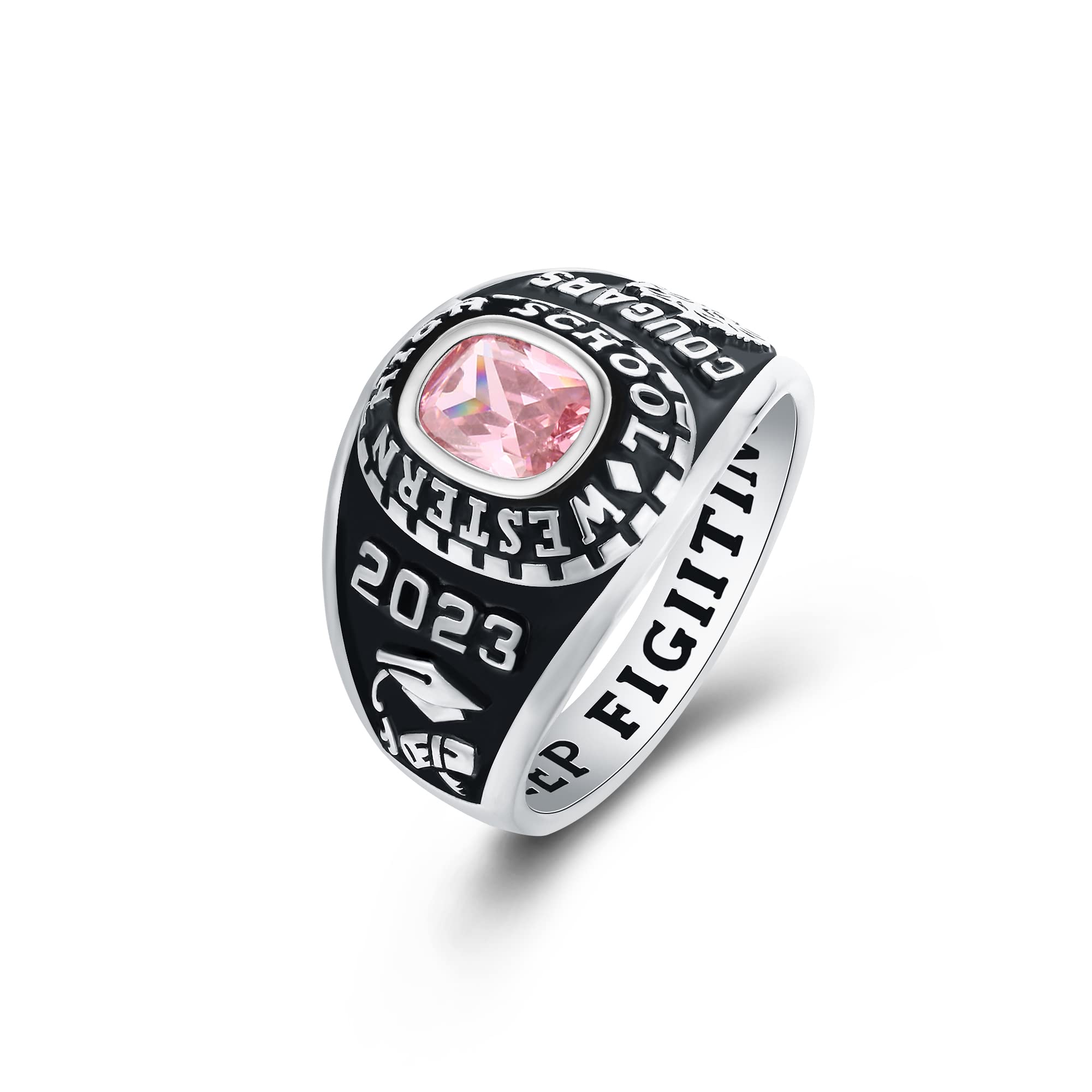 Customized Sterling Silver Women High School and College Class Ring – Ladies Ultimate Collection - MEMENTOS JEWELRY (Sterling Silver Platinum)