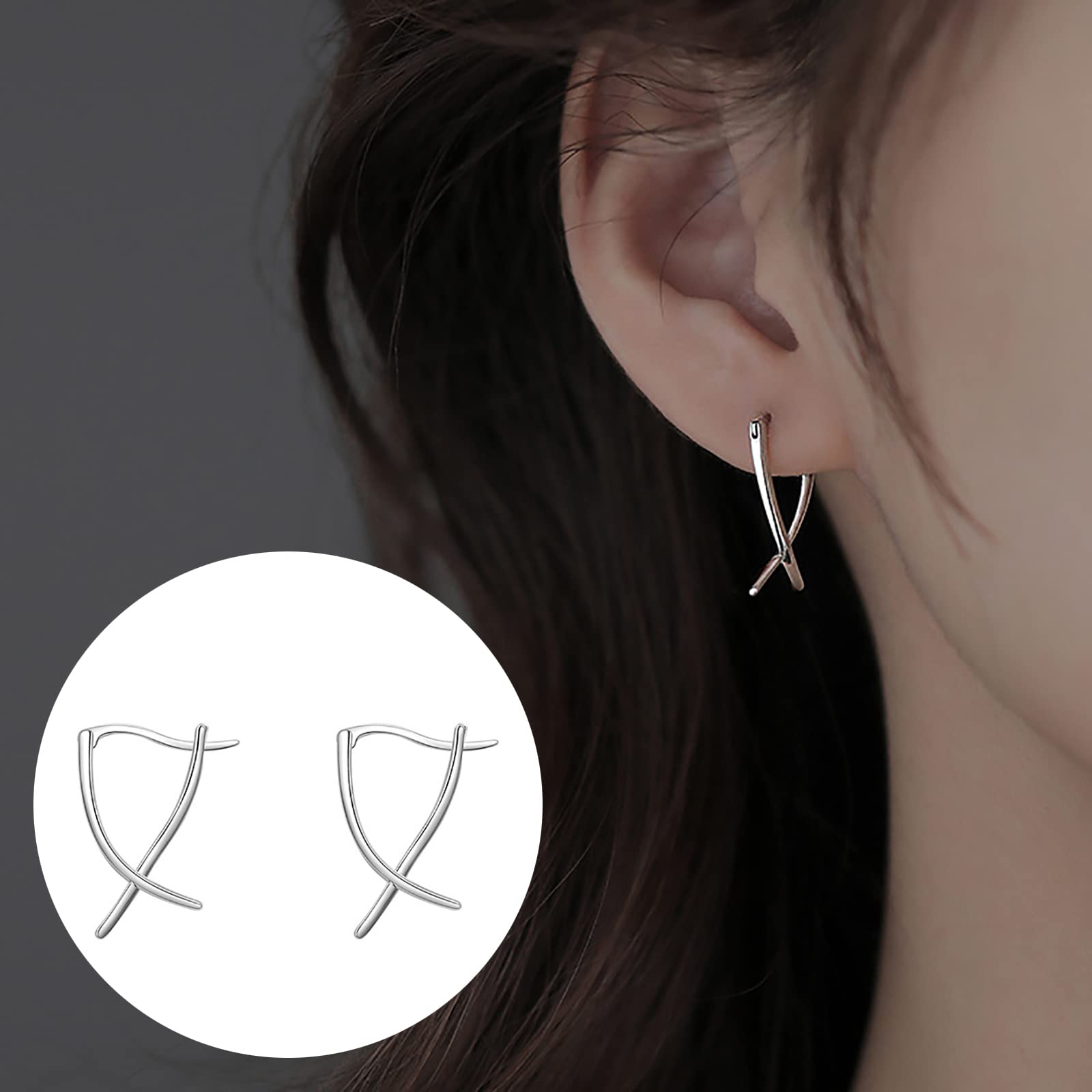 Simple Line Earrings, Women's Crossover Double Wire Earrings, Silver Cross Earrings, Geometric Stud Earrings Jewelry for Women