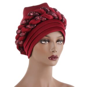 Womens Braid Pre Tied Turban Sequin Twist Stretchy Head Wraps Chemo Cancer Hair Wraps for Hair Loss (Wine, One Size)