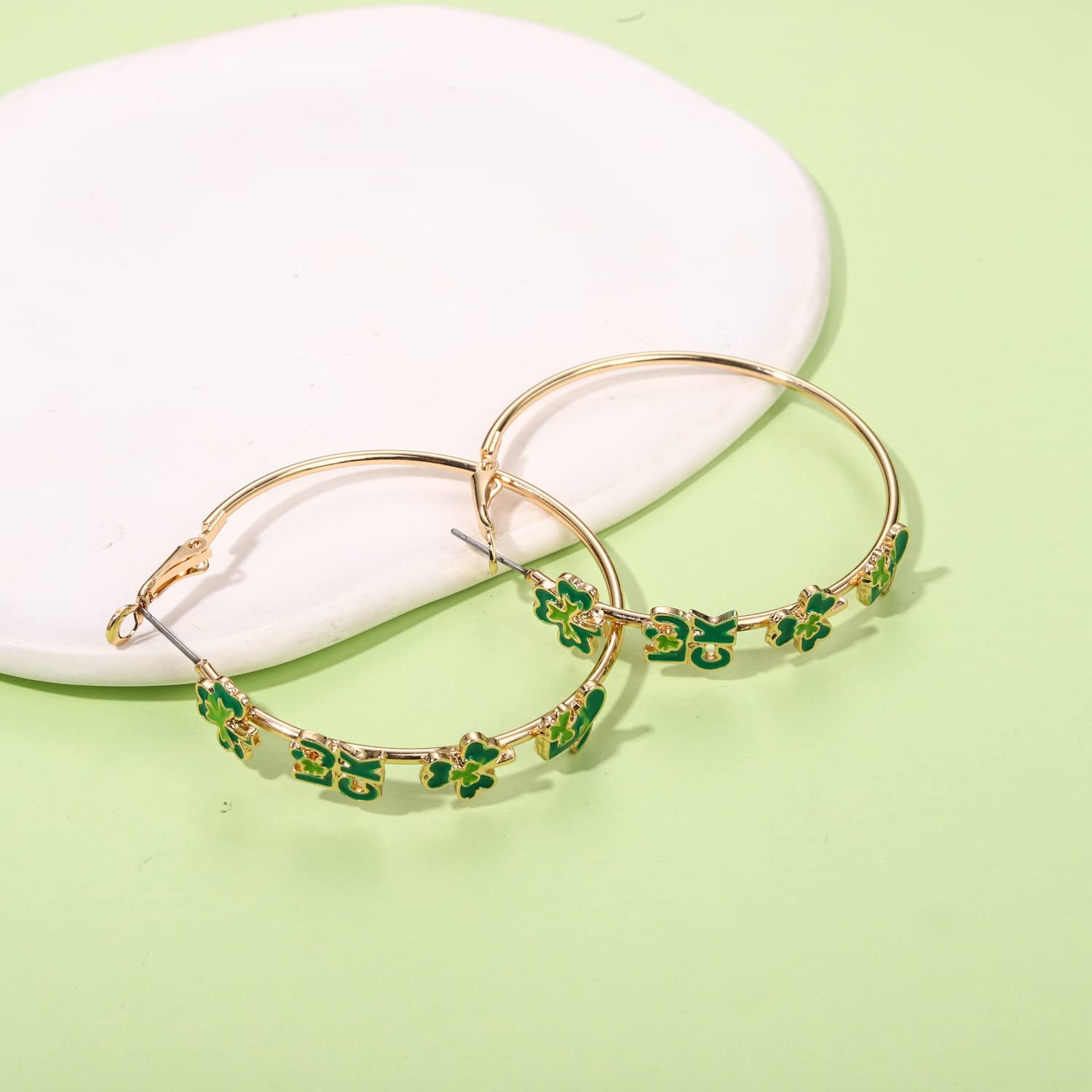 BVGA Holiday St Patrick's Day Hoop Earrings Green Shamrock Charm Earrings Festive Clover Luck Hat Leprechaun Funny Irish Hoop Earrings Jewelry Gift for Women