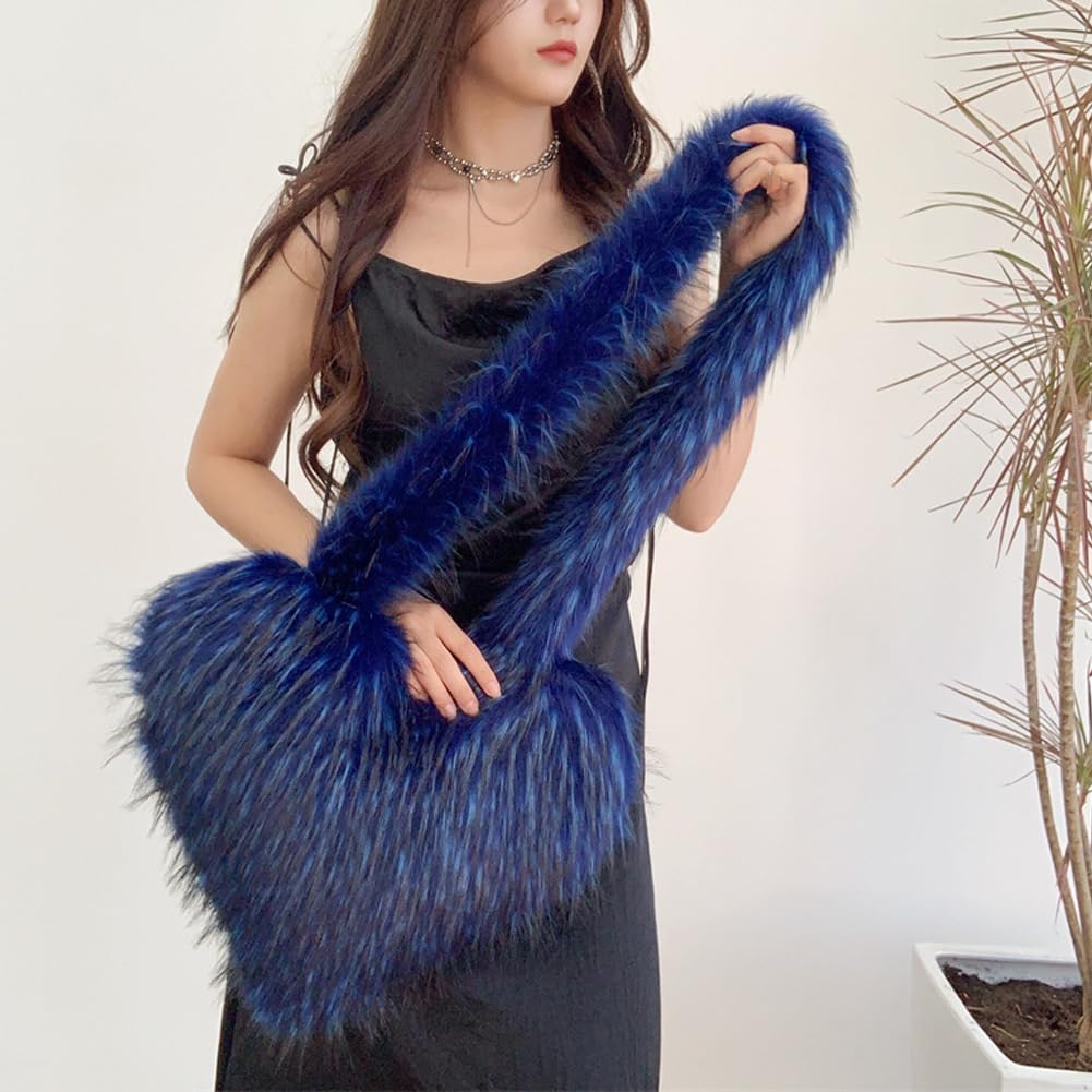 Large Tote Bag for Women Soft Winter Fluffy Fuzzy Furry Plush Top Handle Purse and Handbag with Cute Heart Design