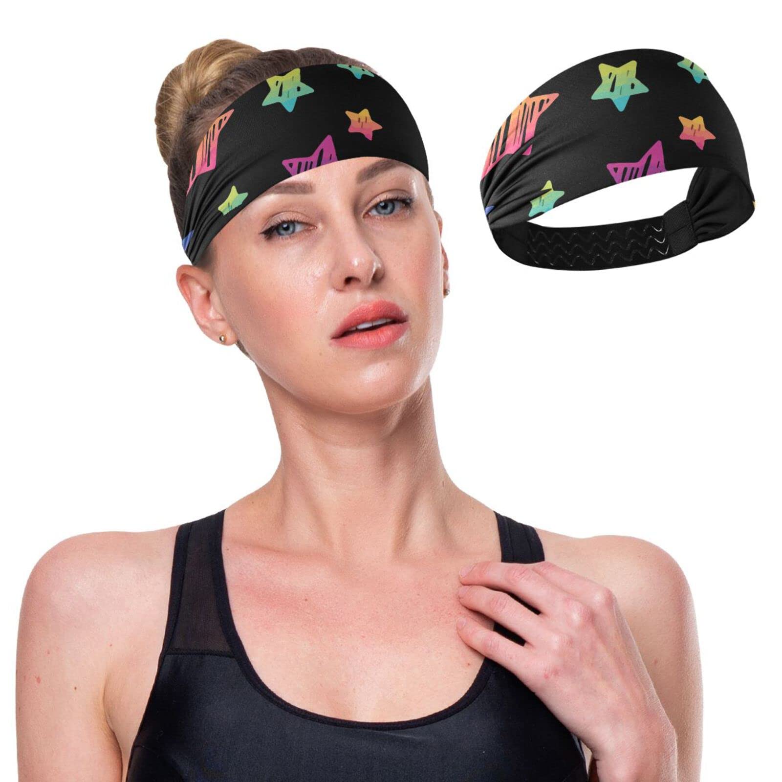 Unisex Workout Headbands Neon-Gradient-Star-Pattern Elastic Yoga Sweatband Stretchy Sports Hairband