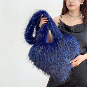 Large Tote Bag for Women Soft Winter Fluffy Fuzzy Furry Plush Top Handle Purse and Handbag with Cute Heart Design