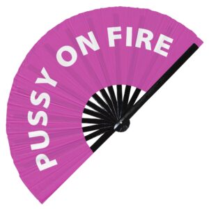 Pussy On Fire Hand Fan Foldable Bamboo Circuit Hand Fan Funny Gag Slang Words Expressions Statement Gifts Festival Accessories Rave Handheld Circuit Event Fan Clack Fans (Pink)