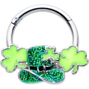 body candy 16g steel hinged segment ring seamless cartilage nipple ring glitter top hat shamrock nose hoop 3/8"