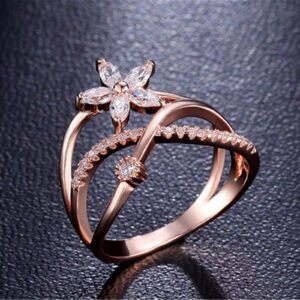 AIMAOMI Inlaid Zircon Flower Ring for Women CZ Simulated Diamond Wedding Ring Proposal Engagement Ring (Rose Gold, 8)