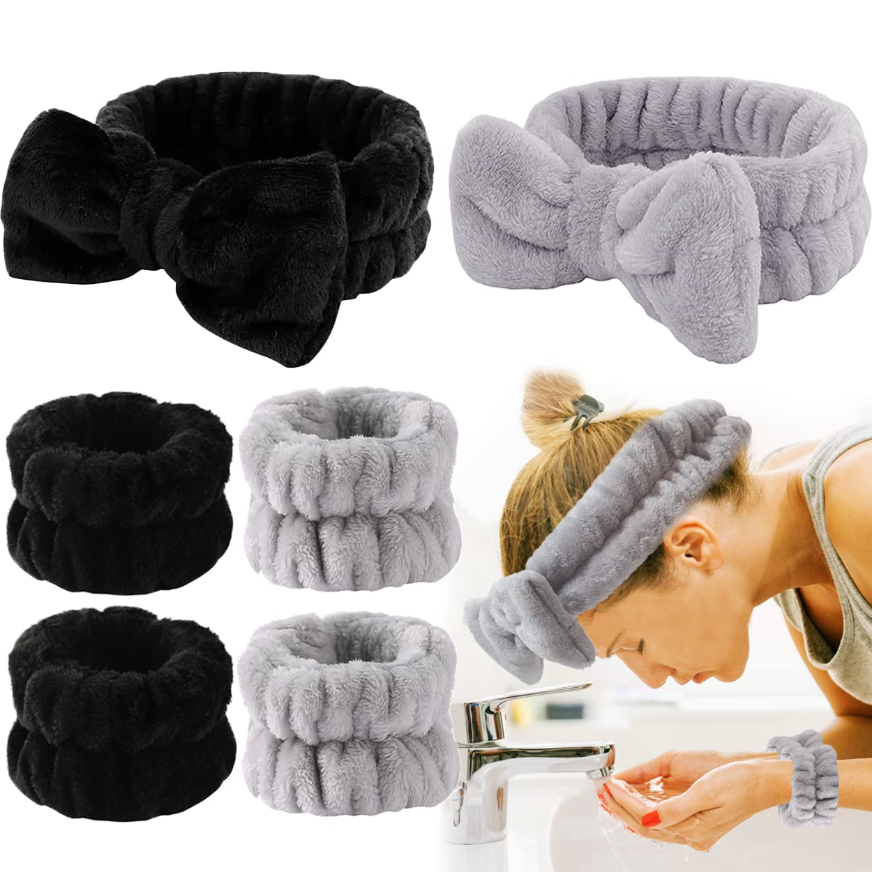 Spa Headband and Wristband Set, Face Wash Headband Makeup Skincare Headband Wrist Bands for Washing Face