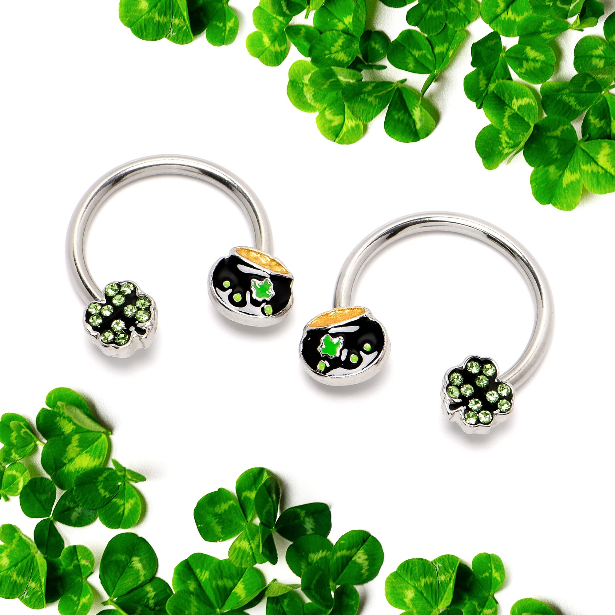 Body Candy 2Pc 14G Nipplerings Piercing Women 316L Steel Shamrock Pot of Gold Horseshoe Mens Nipple Ring Set of 2 14mm