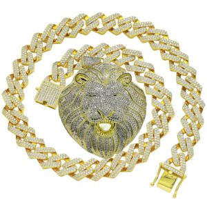 maxbling81 fashion hip hop rapper style iced simulated diamond gold silver plated jumbo large lion head charm pendant & 14mm 18" 20" 24" zig zag cuban box lock chain necklace gift (24" chain, gold)