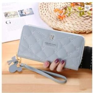 Blue Color Womens Wallet Leather Zip Around Wallet Large Capacity Long Purse Credit Card Clutch Wristlet