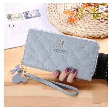 Blue Color Womens Wallet Leather Zip Around Wallet Large Capacity Long Purse Credit Card Clutch Wristlet