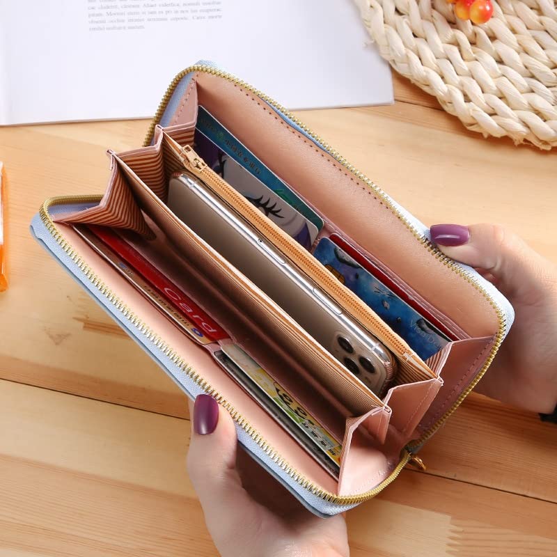 Blue Color Womens Wallet Leather Zip Around Wallet Large Capacity Long Purse Credit Card Clutch Wristlet