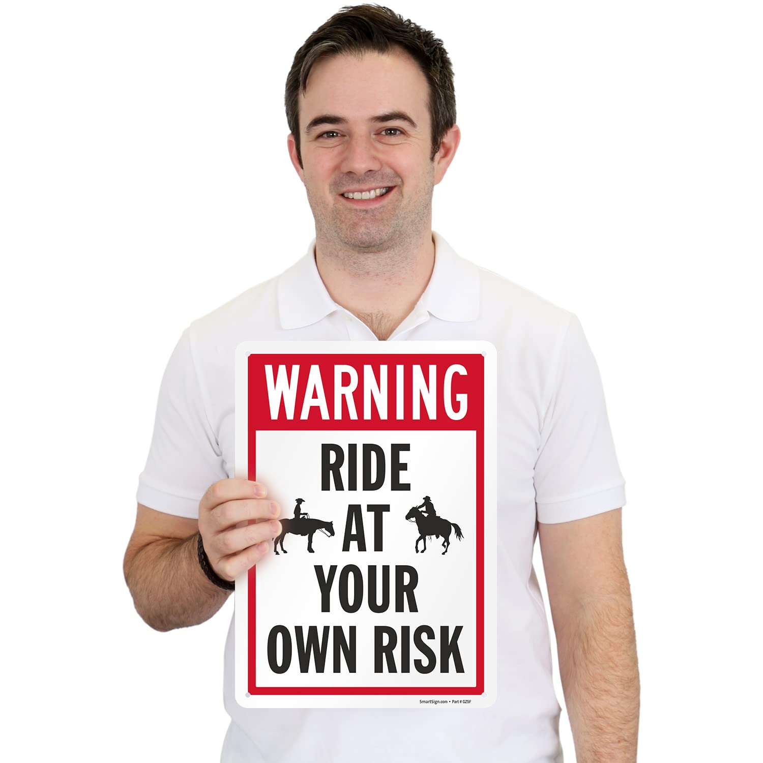 SmartSign 14 x 10 inch “Warning - Ride At Your Own Risk” Metal Sign, 40 mil Laminated Rustproof Aluminum, Red, Black and White, Made in USA