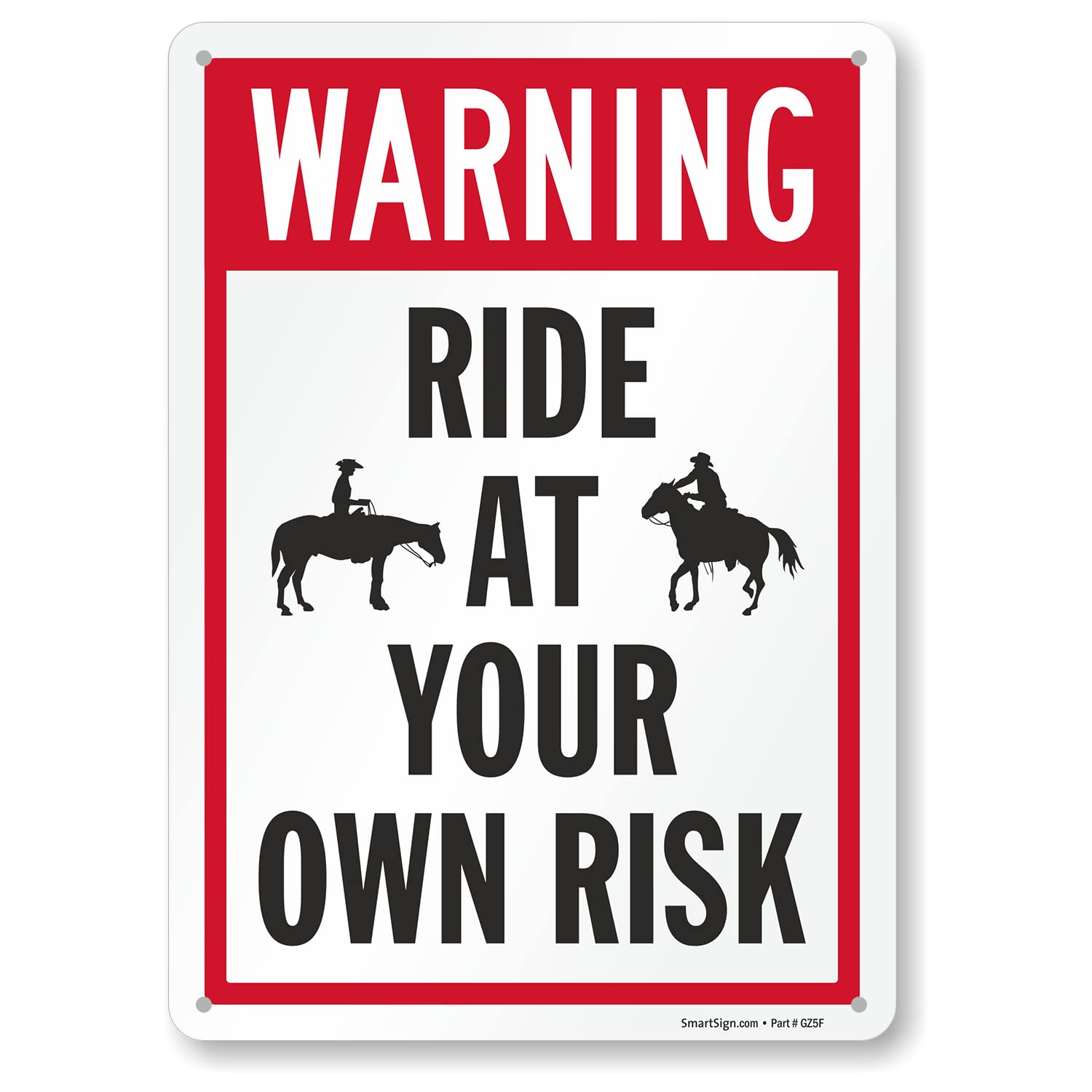 SmartSign 14 x 10 inch “Warning - Ride At Your Own Risk” Metal Sign, 40 mil Laminated Rustproof Aluminum, Red, Black and White, Made in USA