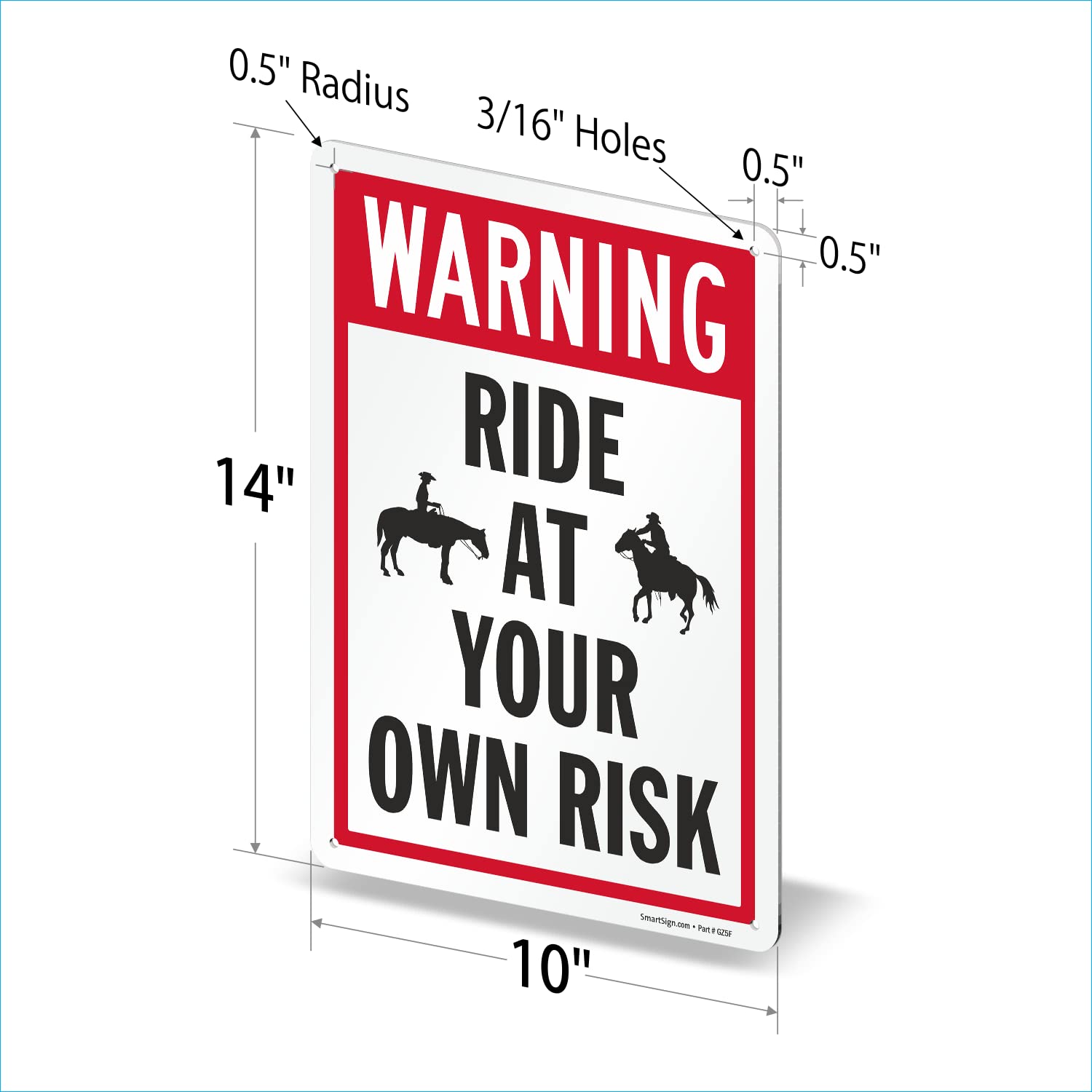 SmartSign 14 x 10 inch “Warning - Ride At Your Own Risk” Metal Sign, 40 mil Laminated Rustproof Aluminum, Red, Black and White, Made in USA