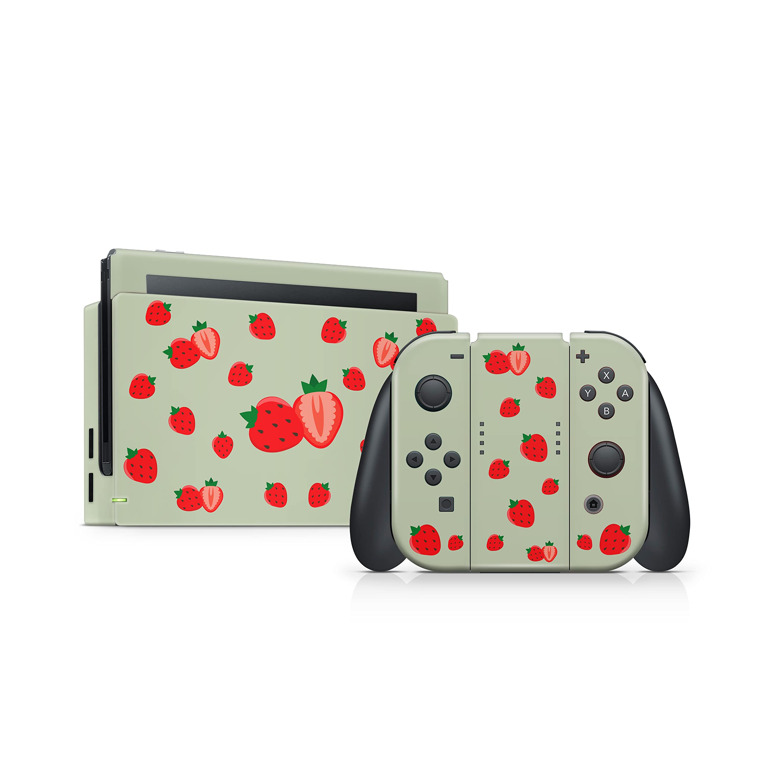 Tacky Design Cute Strawberry Skin Compatible with Nintendo Switch Skin Wrap Cover, Green Skin for Nintendo Switch Stickers, Premium Vinyl 3M Full Wrap Decal.