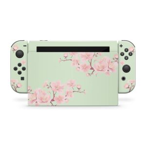 TACKY DESIGN Japanese Cherry Blossom Skin Compatible with Nintendo Switch Skin, Beige Color Skin Compatible with Nintendo Switch Skin, Vinyl 3m Sticker, Full wrap Cover (Mint Green)