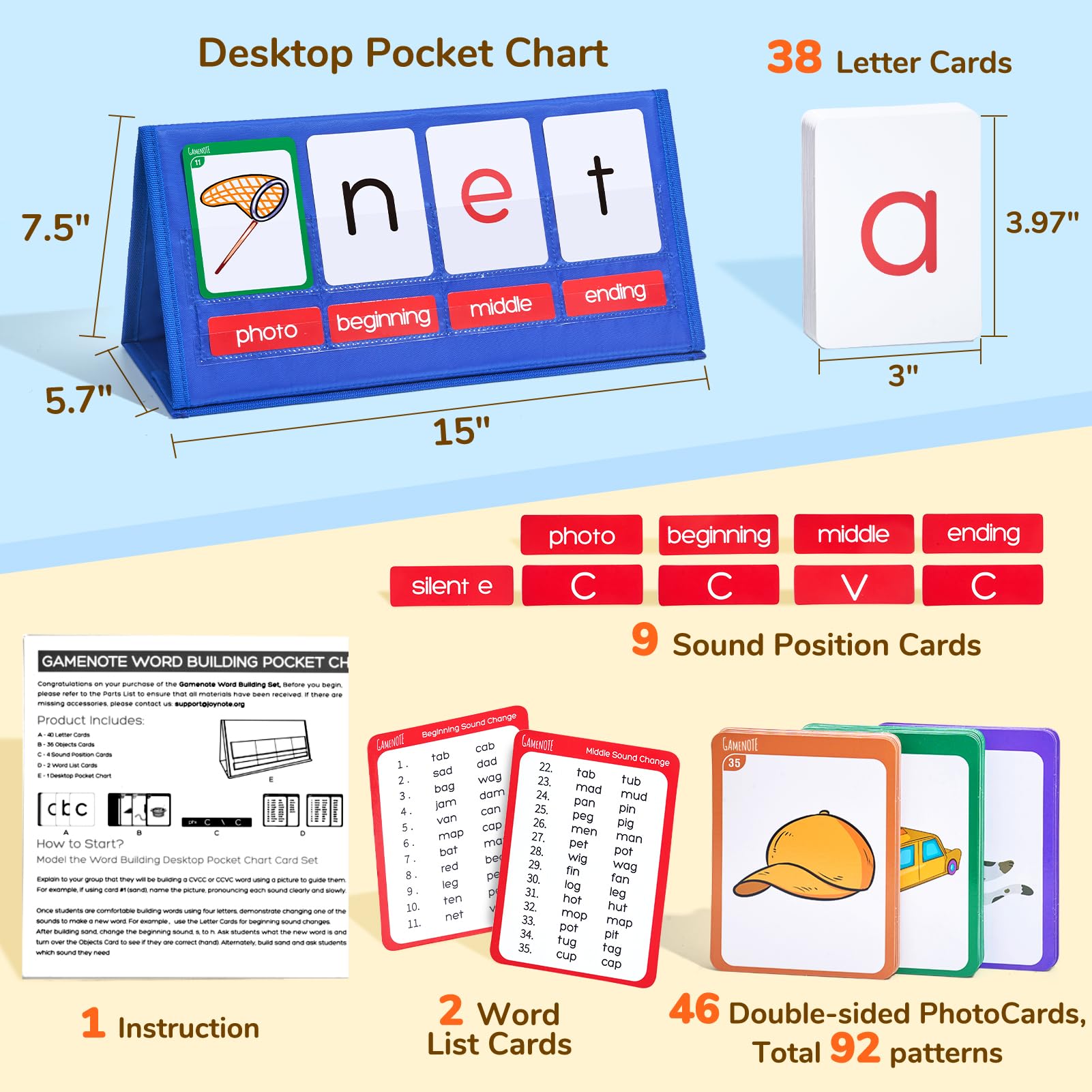 Gamenote Word Building Desktop Pocket Chart Tent Flash Cards Kit - CVC Words Phonics Games Blending Board for Kindergarten Reading and Spelling