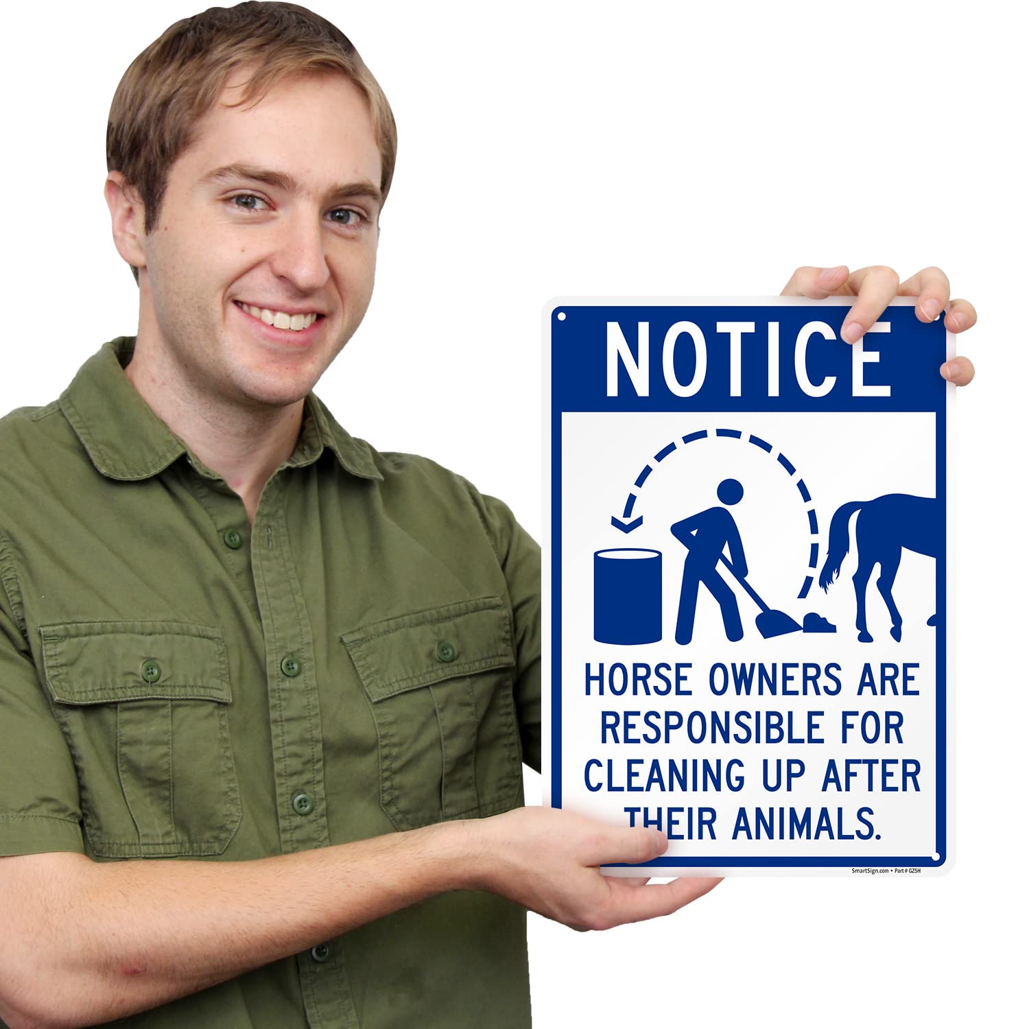 SmartSign 14 x 10 inch “Notice - Horse Owners Are Responsible For Cleaning Up After Their Animals” Metal Sign, 40 mil Laminated Rustproof Aluminum, Blue and White, Made in USA