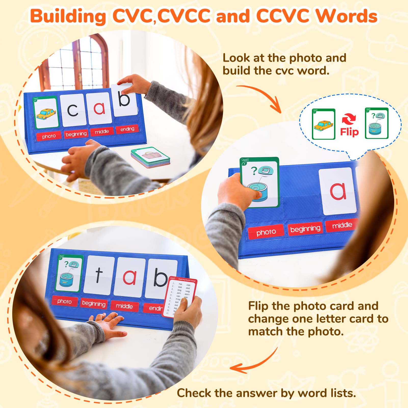 Gamenote Word Building Desktop Pocket Chart Tent Flash Cards Kit - CVC Words Phonics Games Blending Board for Kindergarten Reading and Spelling