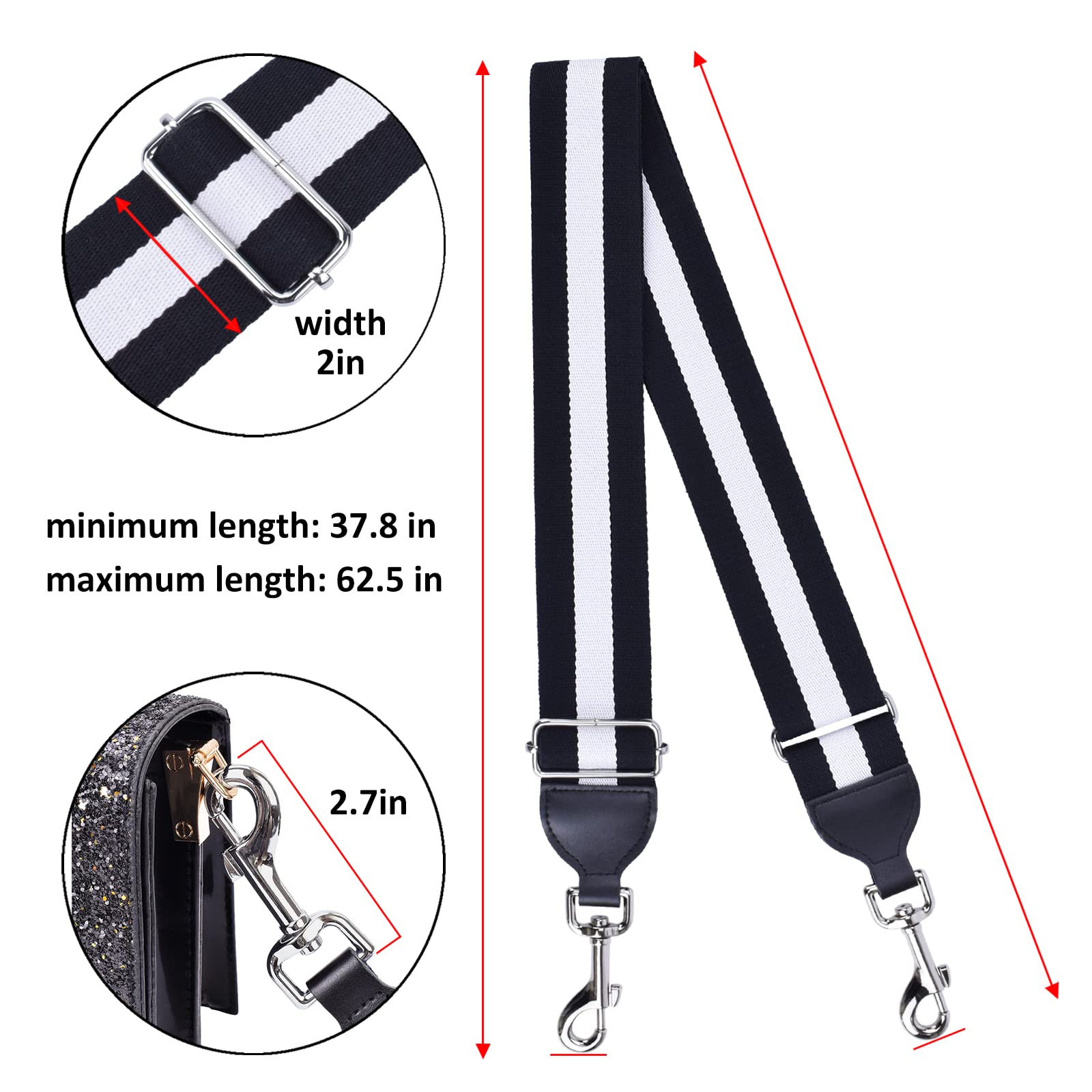 CLOUDMUSIC Handbag Strap Replacement Crossbody Strap Purse Strap With Silver Clips For Women Girls(Black and White)