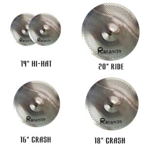 Resanito Low Volume Cymbal Pack Mute Cymbal Set, 14"hi-hat+16"crash+18"crash+20"ride (5 pieces) with FREE Cymbal Bag, Chrome