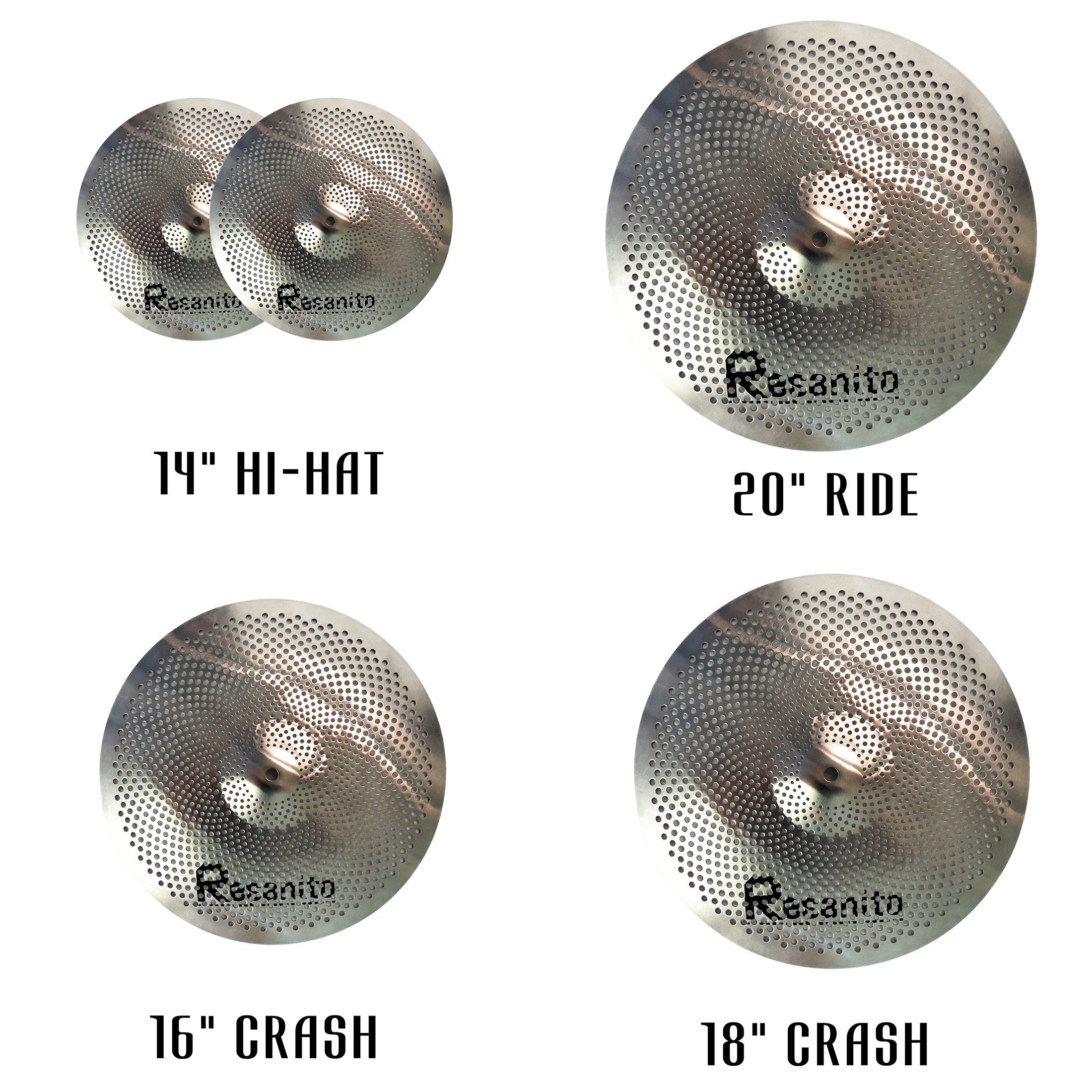 Resanito Low Volume Cymbal Pack Mute Cymbal Set, 14"hi-hat+16"crash+18"crash+20"ride (5 pieces) with FREE Cymbal Bag, Chrome