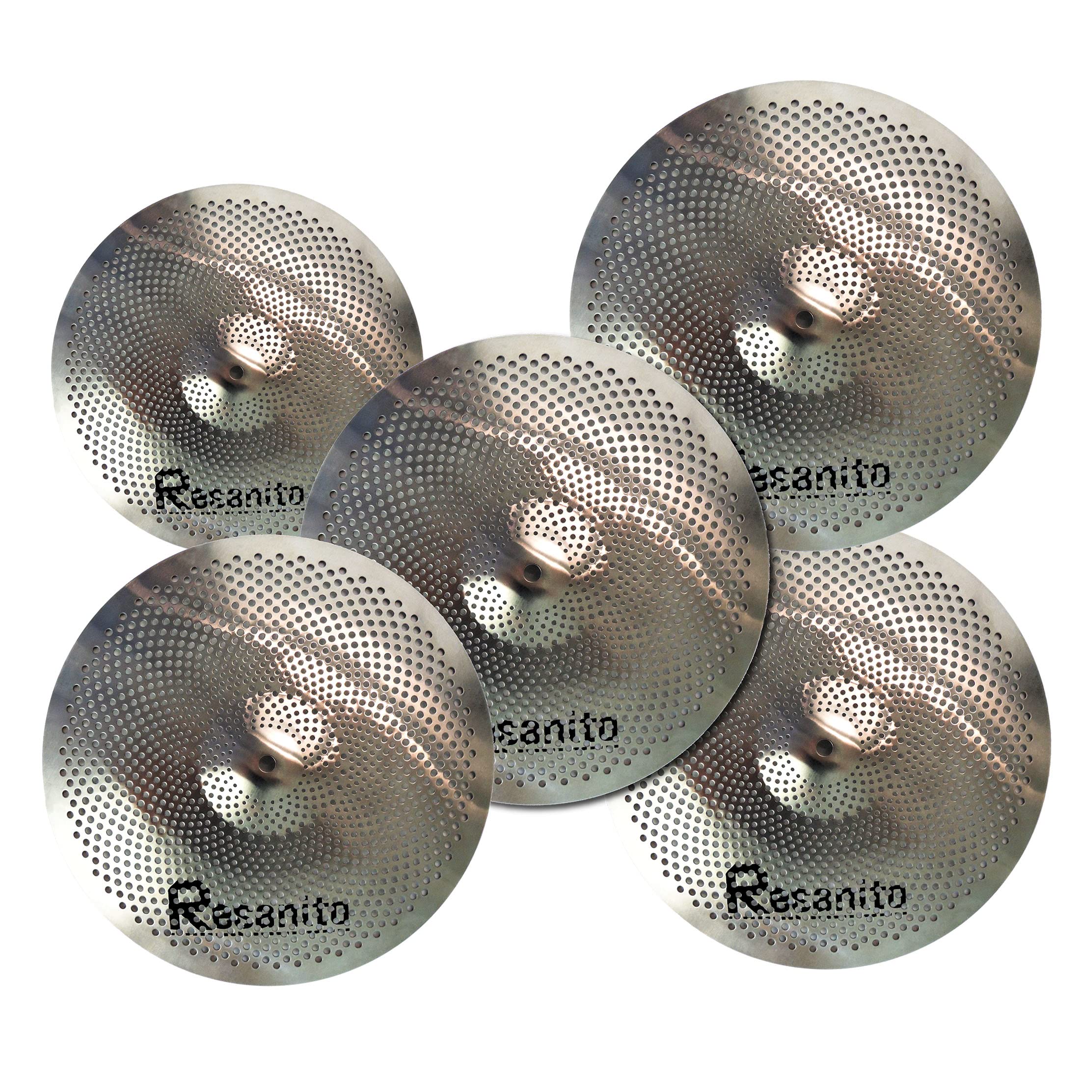 Resanito Low Volume Cymbal Pack Mute Cymbal Set, 14"hi-hat+16"crash+18"crash+20"ride (5 pieces) with FREE Cymbal Bag, Chrome