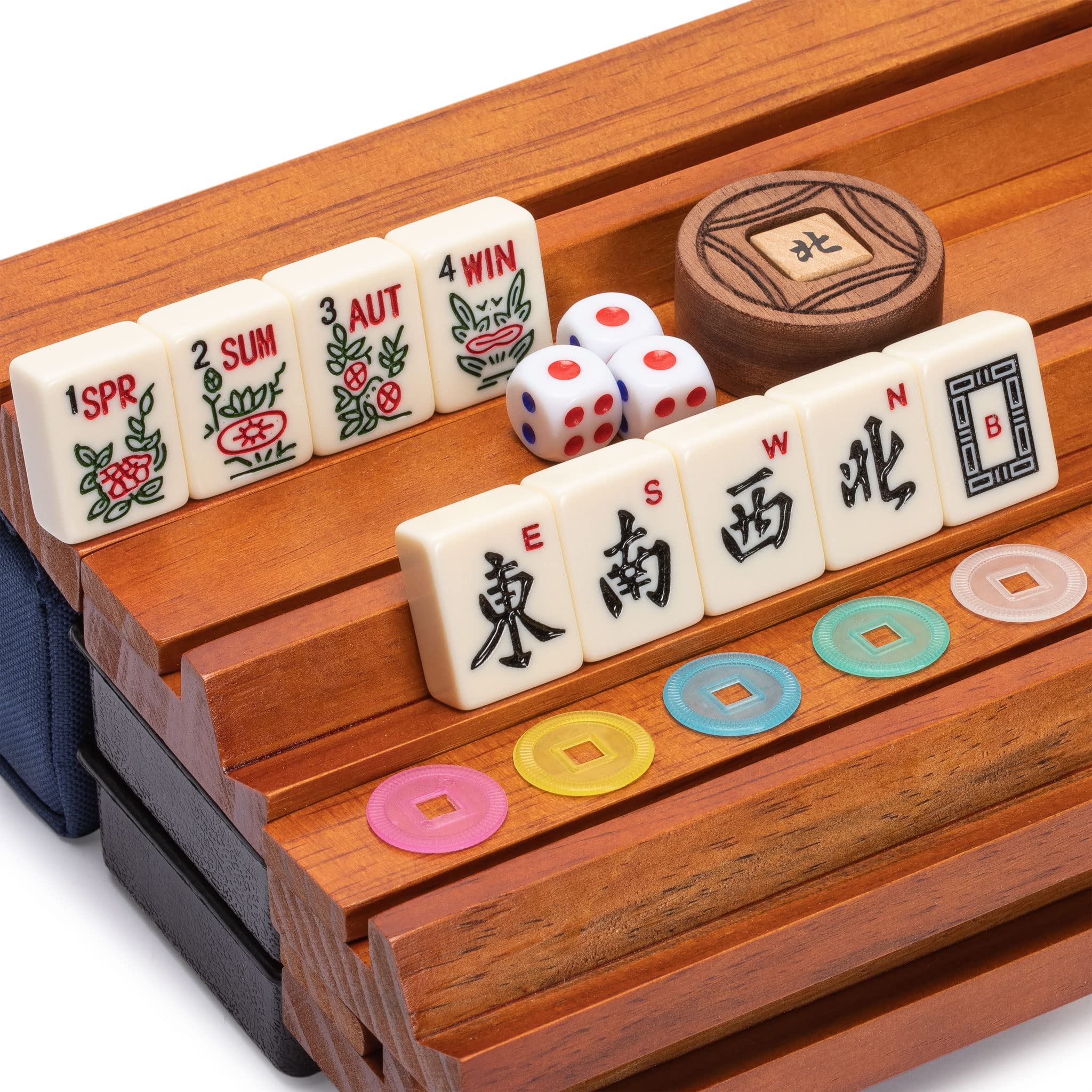 Yellow Mountain Imports American Mahjong Game Set, Sapphire with Blue Soft Case - All-in-One Racks with Pushers, Wright Patterson Scoring Coins, Dice, & Wind Indicator